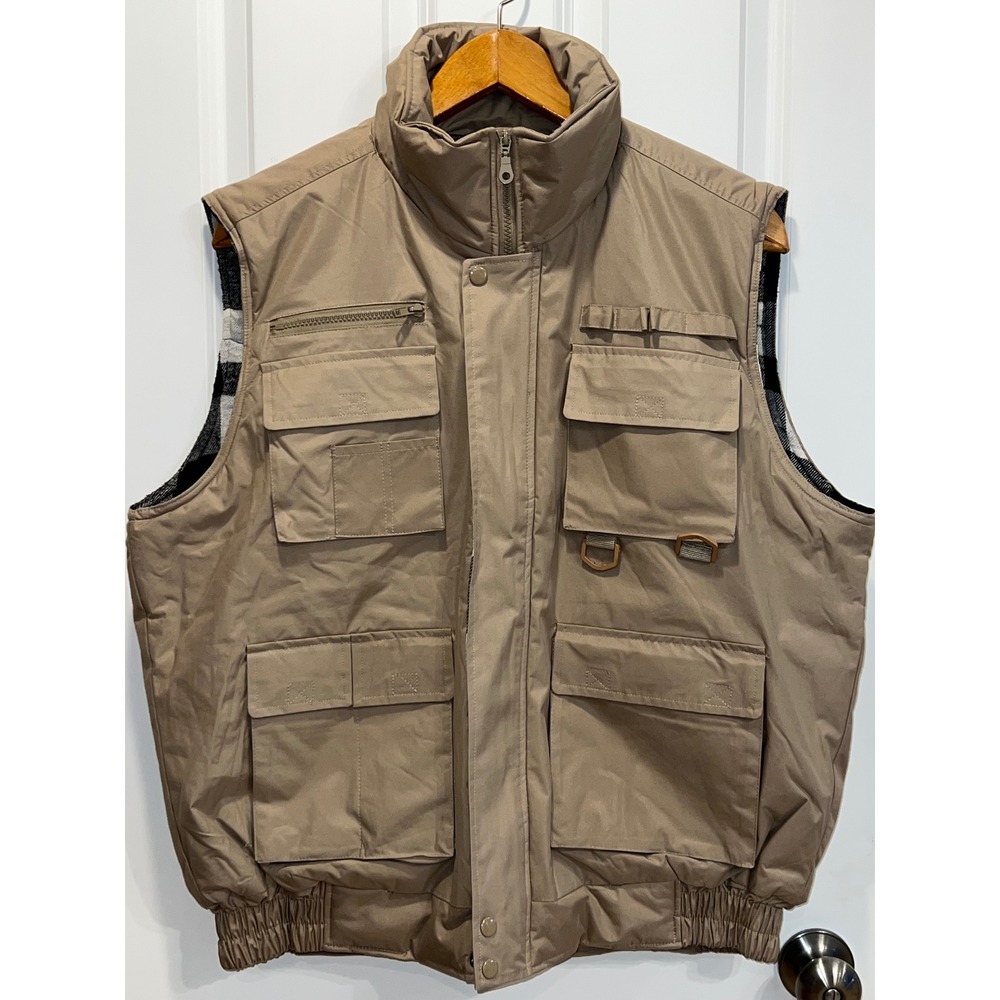 Maxxsel Mens Large Padded Vest Large Tan Utility Outdoor Full Zip Quilted Lined